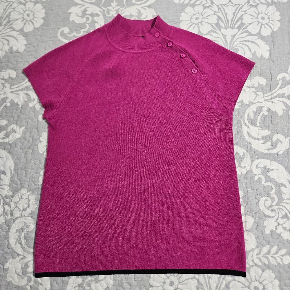 Maeve by Anthropologie Women's Large Short Sleeved Hot Pink w/Black Trim Sweater